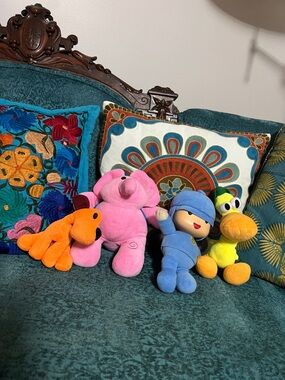 Plush Toy Set – Pink Elephant, Orange Dog, Blue Doll & Yellow Duck